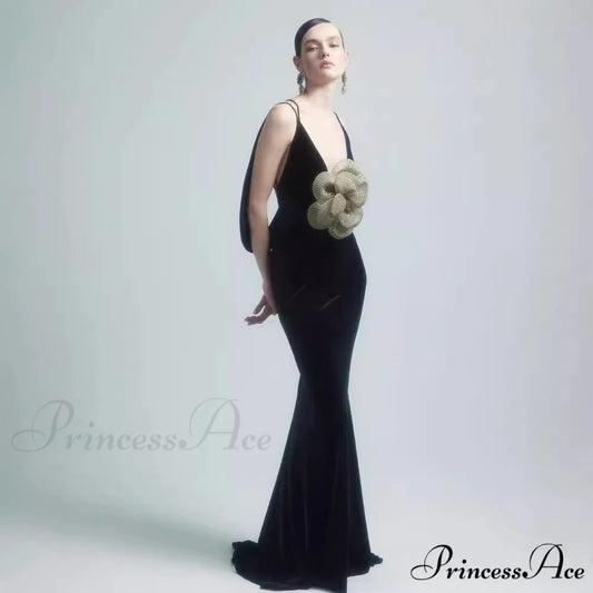 3D Blooming Open-Backed Silk Prom Dress 黑色 / XS promdress-250223