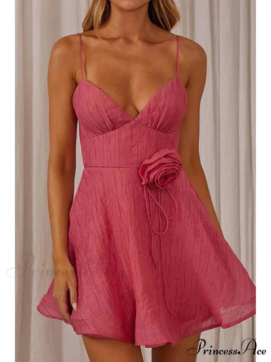 3D Blooming V-Neck Short Dress Rose Pink / S minidress-250223