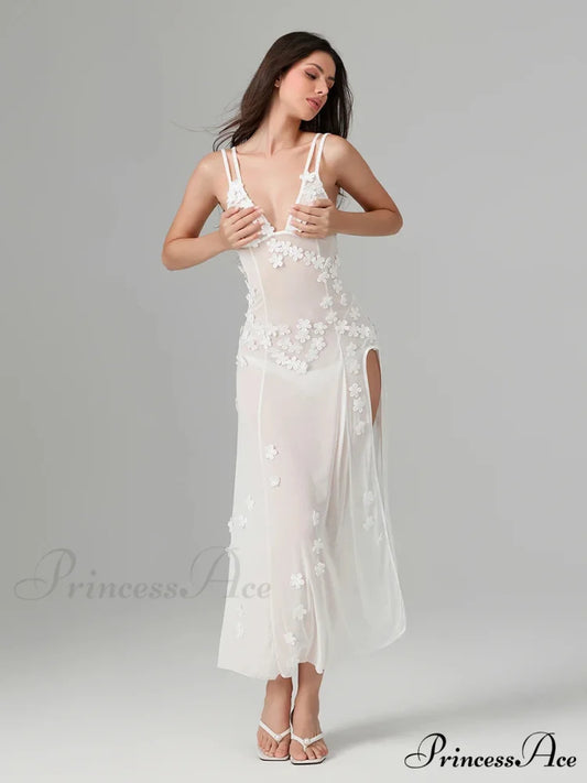 3D Blossom Ornament Backless Low-Cut Slit Sheer Beach Floral Dress WHITE / S floraldress-250126