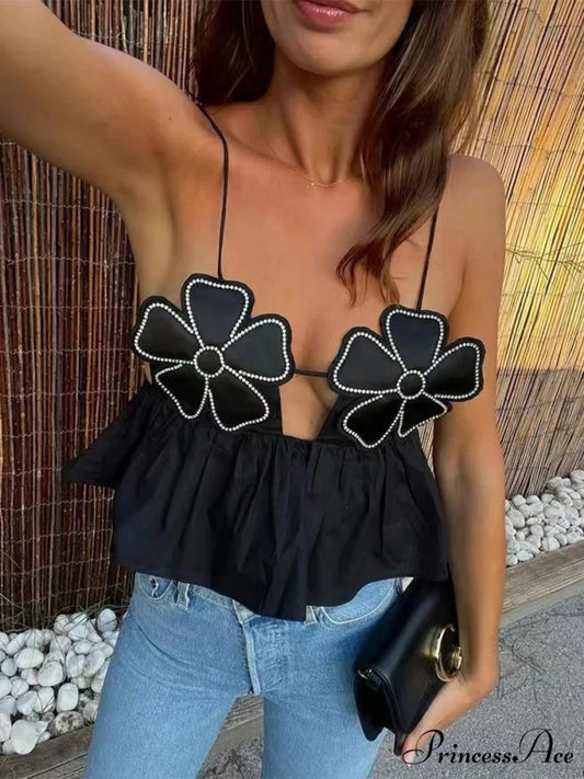 3D Blossom Spaghetti Strap Open-Back Crop Top Black / S croptop-250126