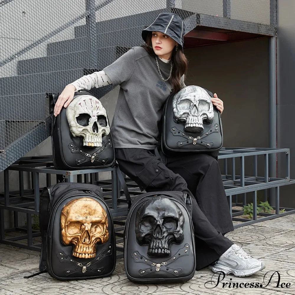 3D Embossed Skull Punk Rock Gothic Leather Rivets Laptop Travel Backpack Bag
