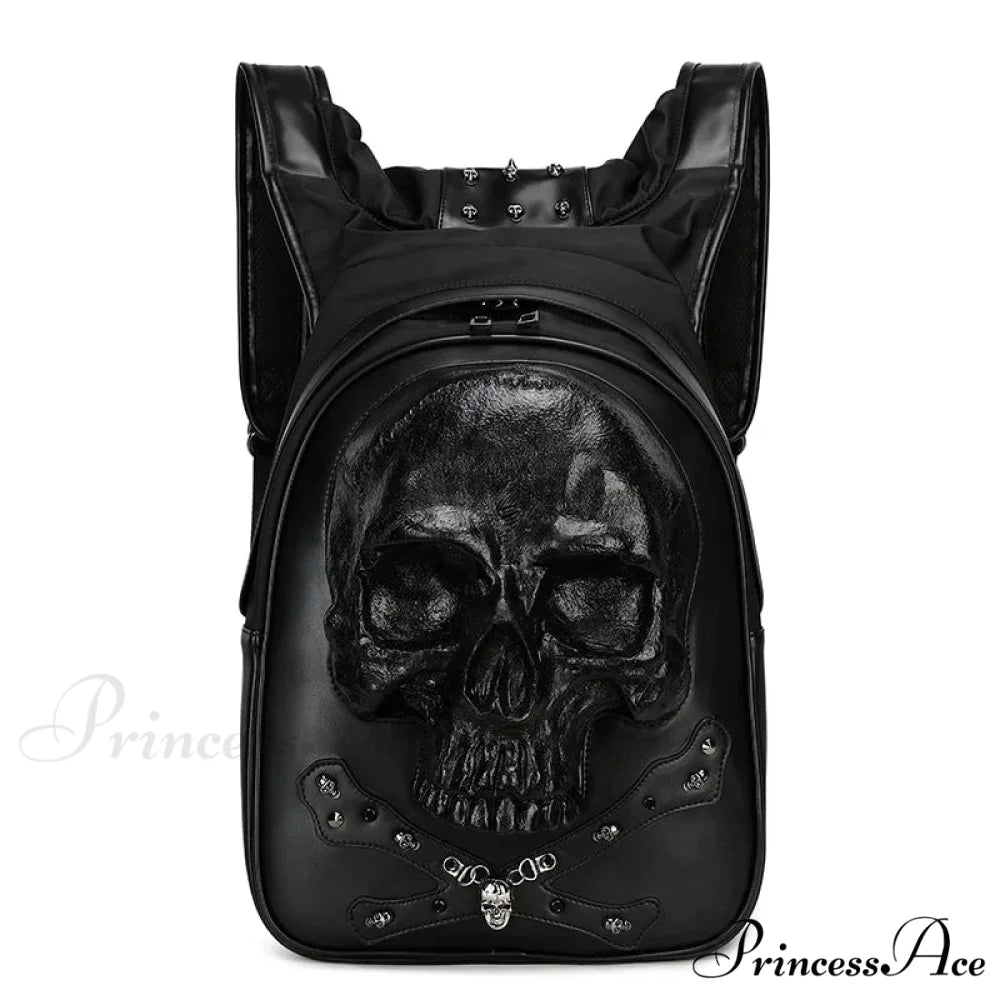 3D Embossed Skull Punk Rock Gothic Leather Rivets Laptop Travel Backpack Bag Black