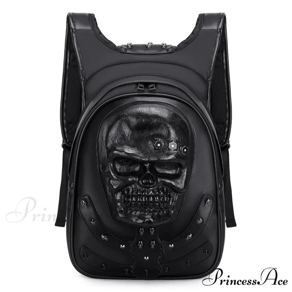 3D Embossed Skull Punk Rock Gothic Leather Rivets Laptop Travel Backpack Bag Brown