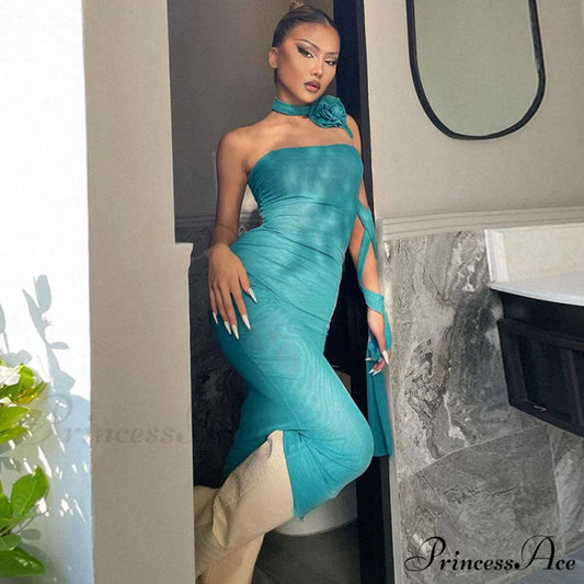 3D Floral Choker Detail Strapless Classic Bodycon Party Midi Dress - Black S / Turquoise