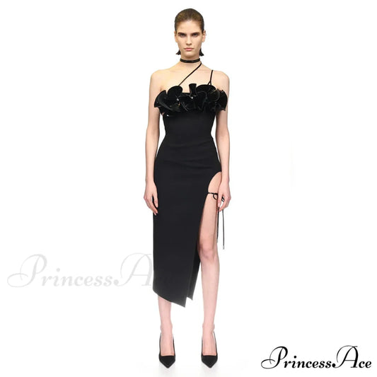 3D Flower Halter Bodycon Party Dress Black / XS