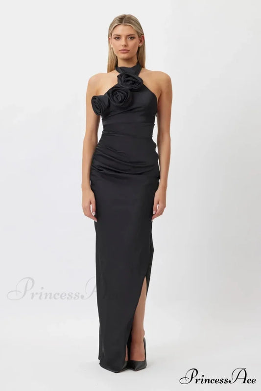 3D Flowers Lace Up Halter Party Dress Black / S