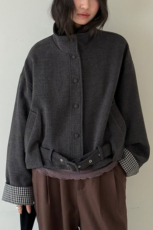 Short Cuffed Check Pieced Stand Collar Wool Coat