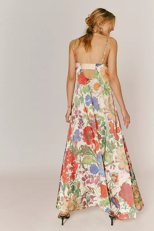Chic Floral Print High-Waist A-Line Maxi Dress