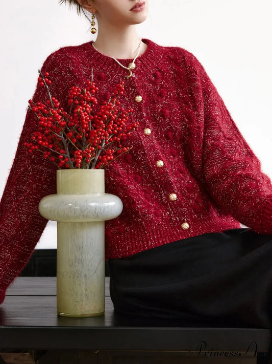 4.8% Sheep Wool Red Elegant Cable Cardigan Maroon / XS