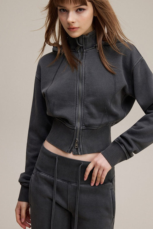 Cropped Waist Zip Up Hoodie