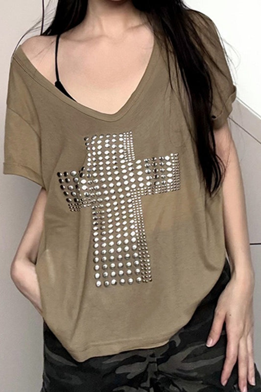 Street Cross Metallic Print Loose Casual T-shirt