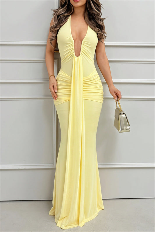 Halter Deep V Backless Ruched Hot Girl Maxi Dress