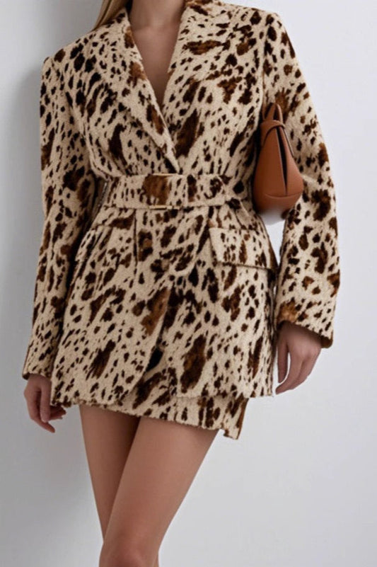 Brown Printed Long Sleeve Blazer Coat