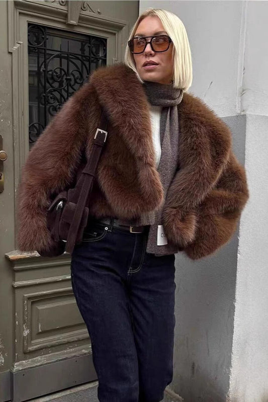 Retro Solid Color Plush Warm Short Notch Collar Coat