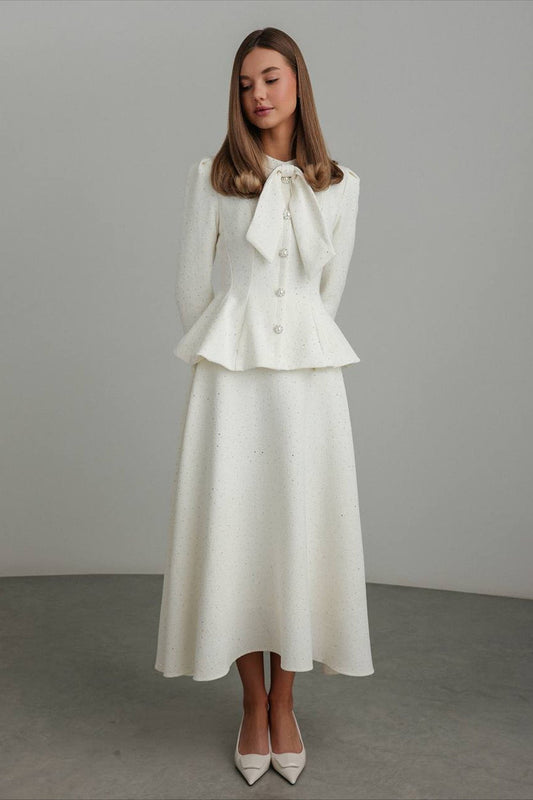 Tweed Rhinestone Slim Waist Dress Two Piece Set