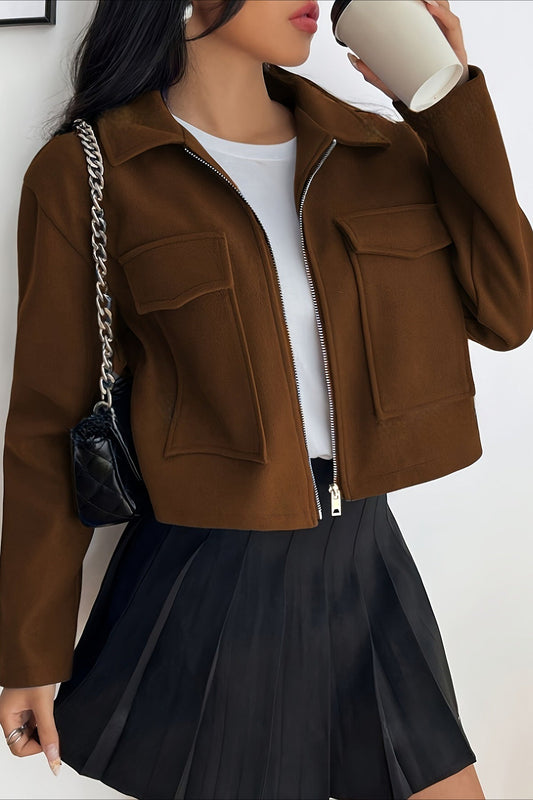 Solid Color Cropped Zip Sleeve Jacket