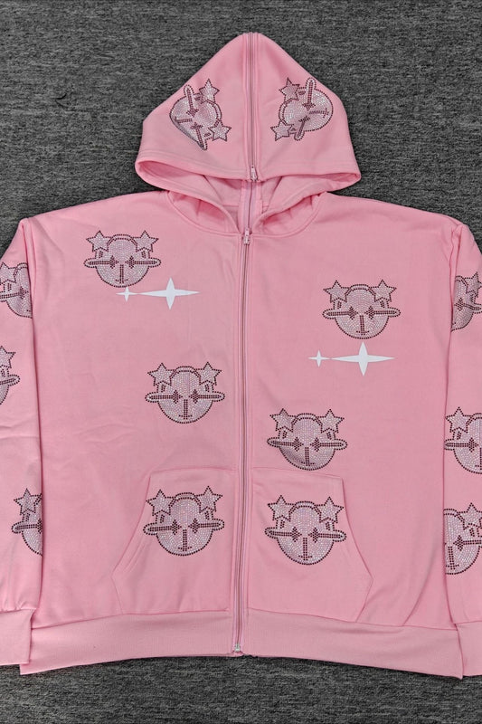 Rhinestone Graphic Full Zip Hoodie