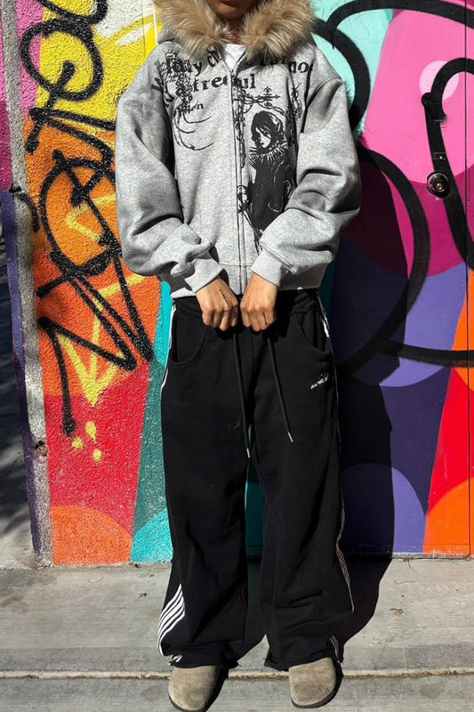 Street Print Fur Trimmed Relaxed Hoodie