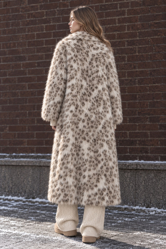 Leopard Print Faux Mink Fur Eco Long Blazer Collar Overcoat