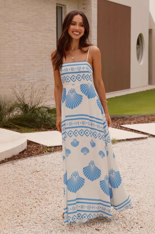 Shell Print High Waist Flowy Cami Maxi Dress