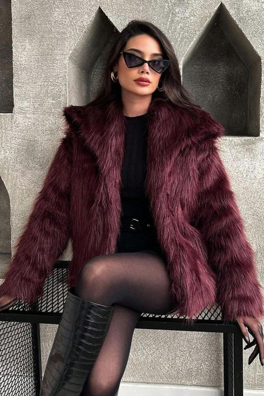 Plush Solid Color Faux Animal Fur Warm Notch Collar Coat