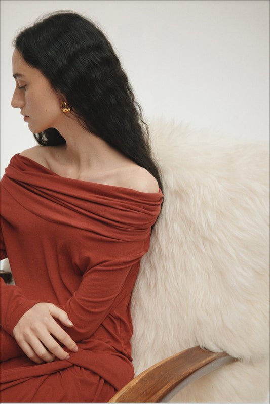 Tencel Off-Shoulder Fitted Knit Sweater