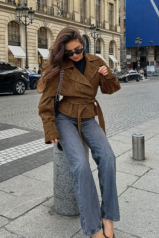 Belted Faux Suede Wrap Jacket