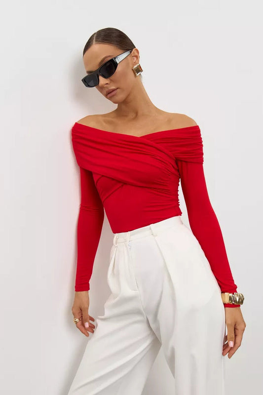 Ruched Cross Slim Bare-Shoulder Long Sleeve Tee