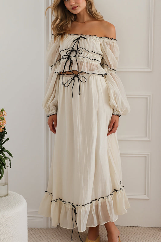 Apricot Off Shoulder Puff Sleeve Skirt Set