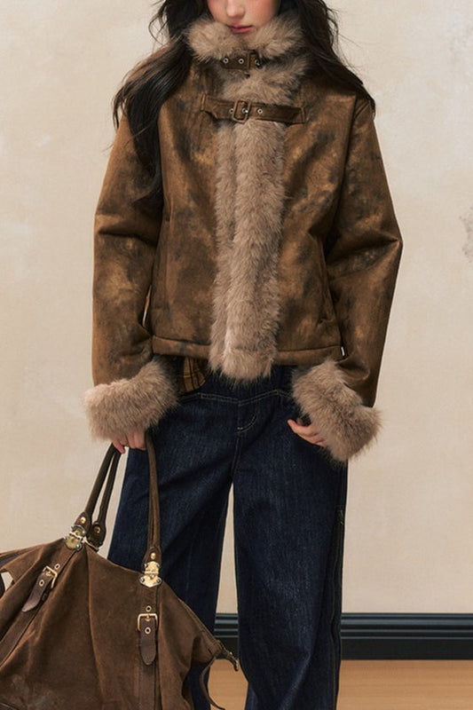 Brown Faux Fur Trim Wool Blend Coat