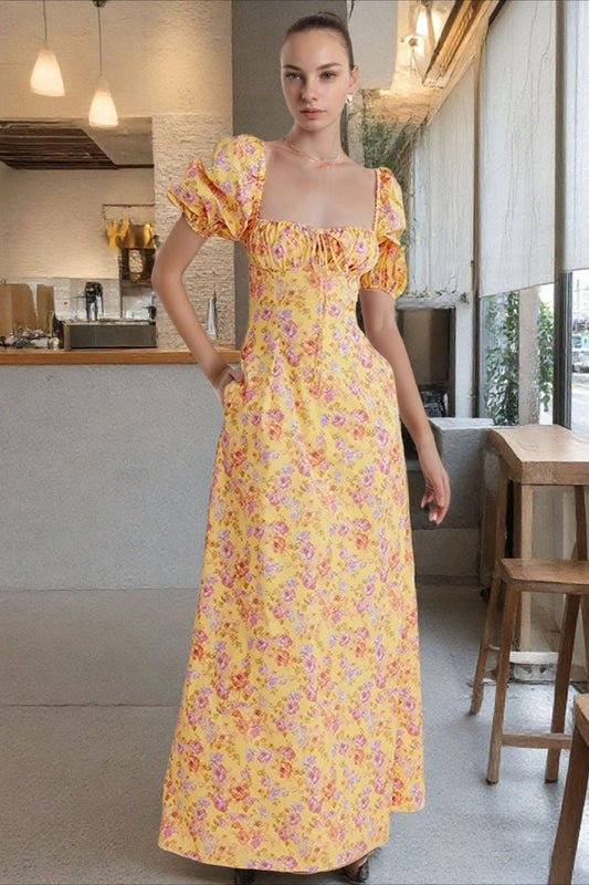 Floral Print Square Neck Puff Sleeve Tie Maxi Dress