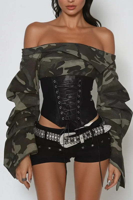 Off Shoulder Camo Print Tie Up Blouse