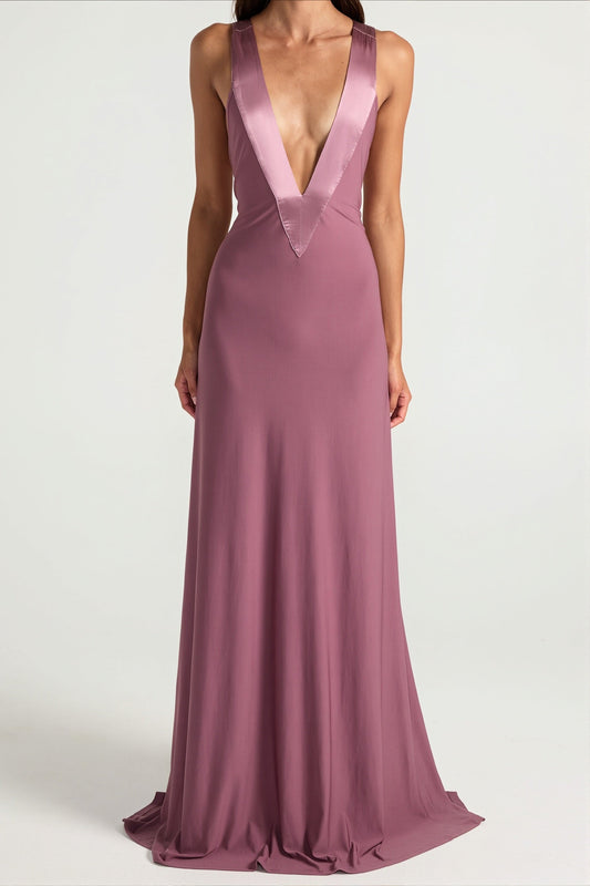 Deep V Satin Backless Maxi Dress