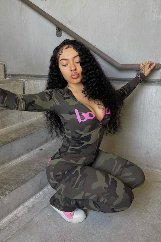 Contrast Letter Vneck Slim Two Piece Set