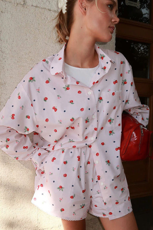 Pink Shirt Lace Trim Shorts Two Piece Set