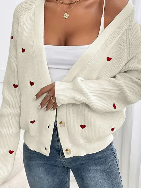 Heart Embroidery V-Neck Knit Cardigan