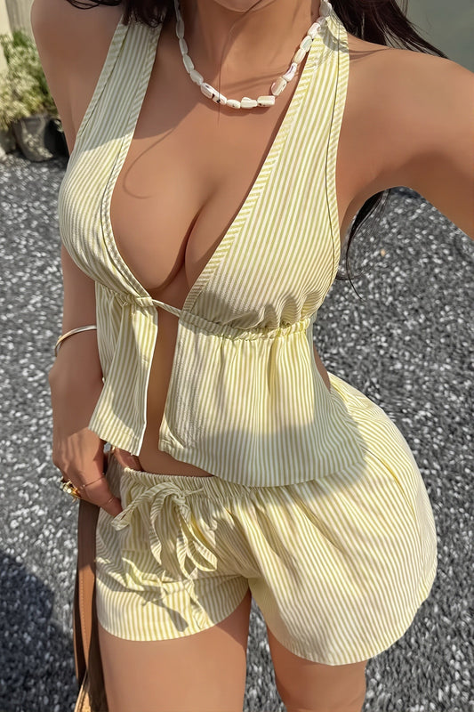 Striped Deep V Back Tie Two Piece Set
