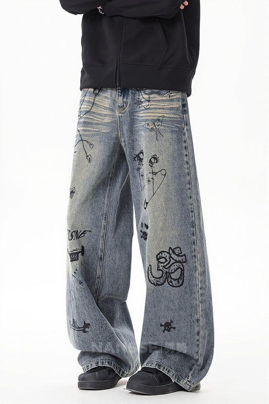 Washed Graffiti Wide Leg Jeans