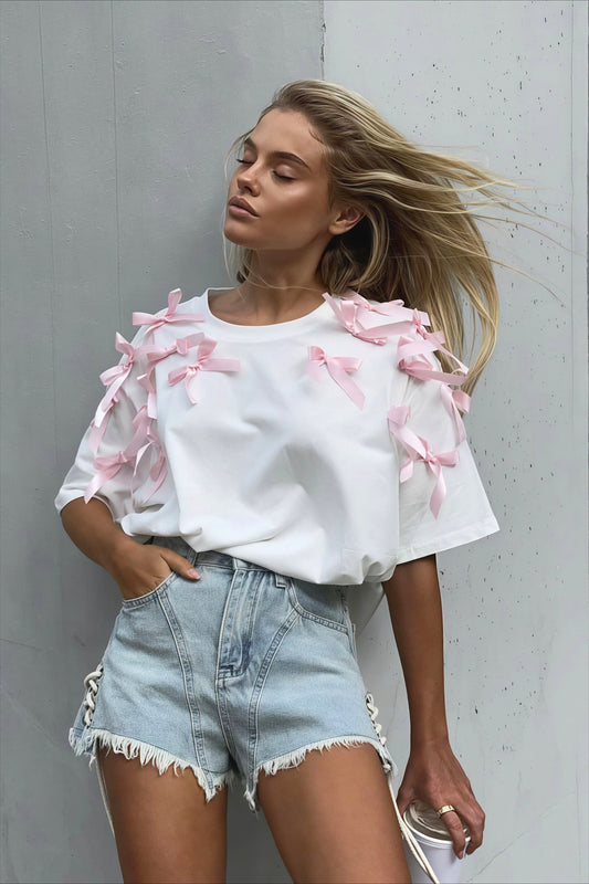Cute Bowknot Ribbon Loose Short Sleeve T-shirt