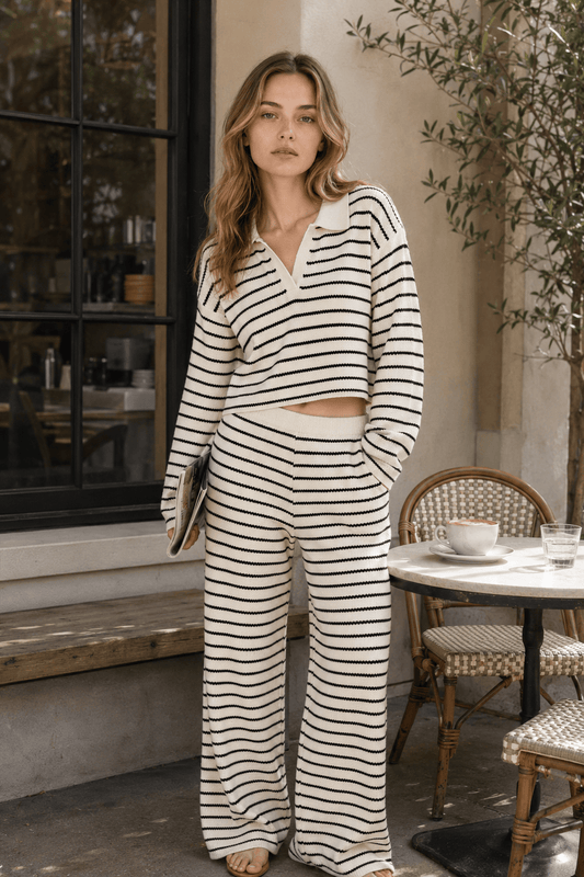 Striped Long Sleeve Pullover Wide Leg Two Piece Set