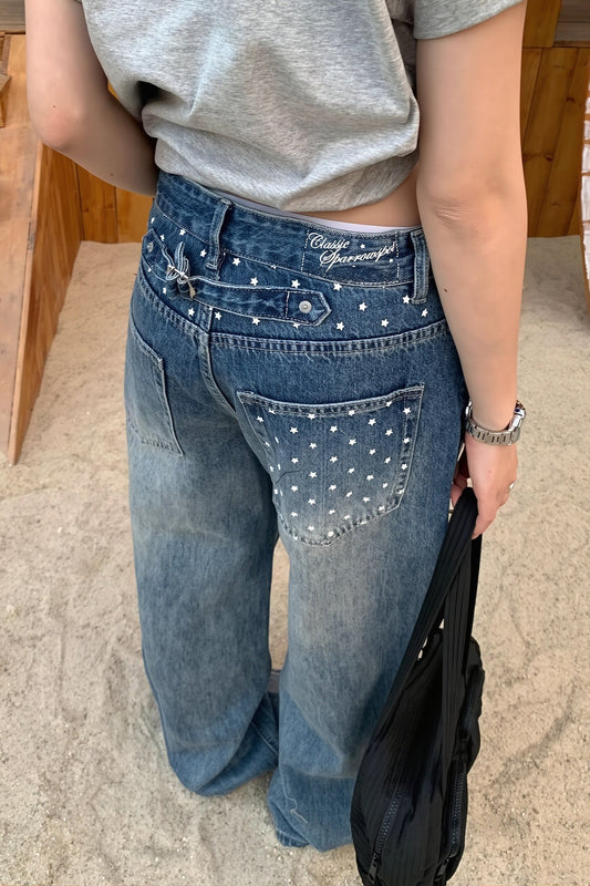 Rhinestone Embellished Pocket Jeans
