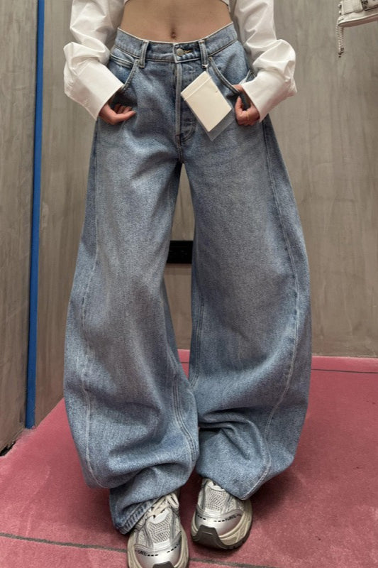 Loose Floor Length Curved Leg Washed Letter Embossed Jeans