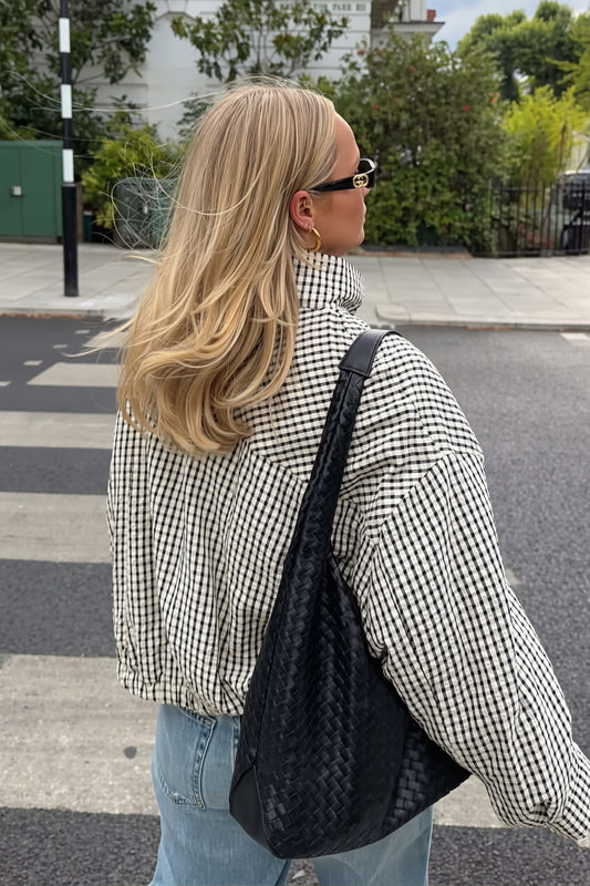 Gingham Stand Collar Zip Bomber Jacket