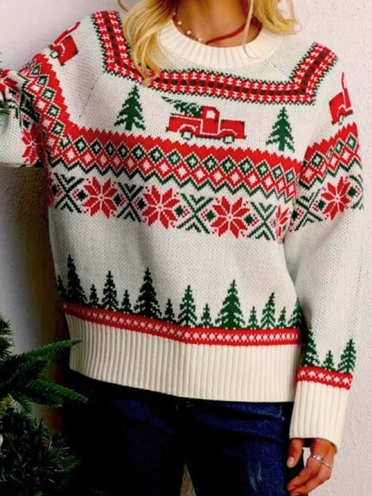 Christmas Tree Print Crew Neck Color Block Embroidery Sweater