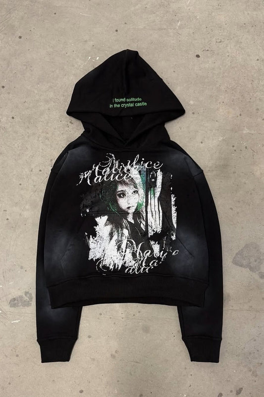 Vintage Print Color Block Gothic Hoodie