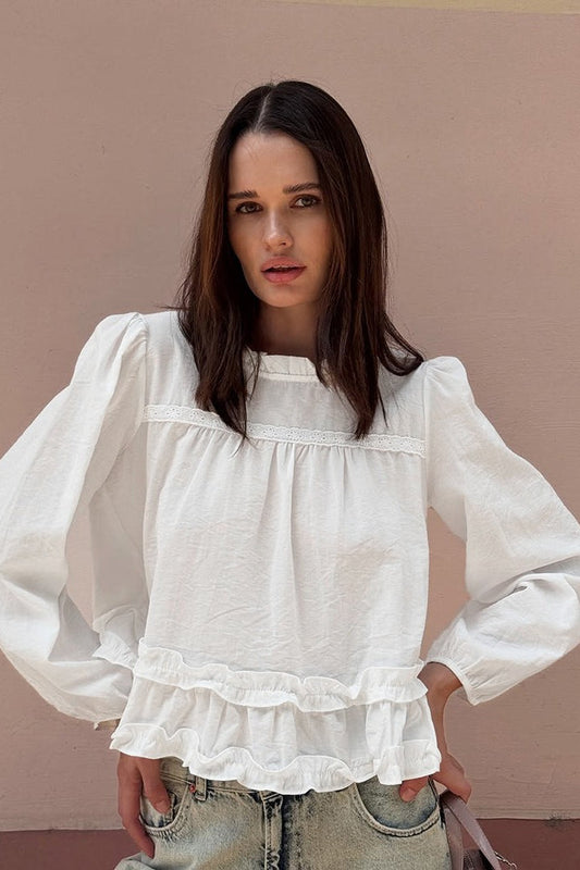 Round Neck Ruffled Ruched Loose Blouse