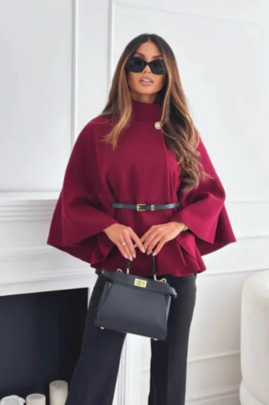 Solid Waist Tie Elegant Chic Wool Cape Christmas Outerwear