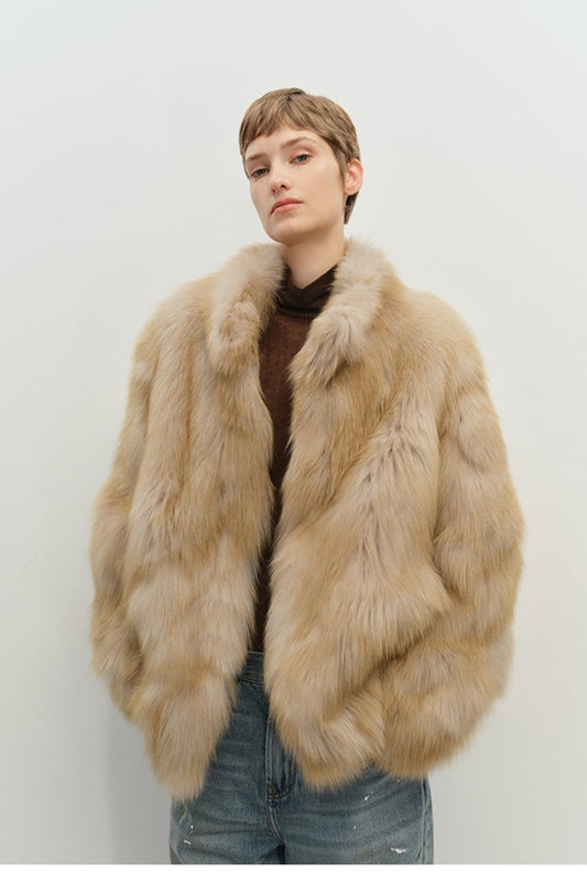Minimalist Mid-Length Faux Fur Stand Collar Coat