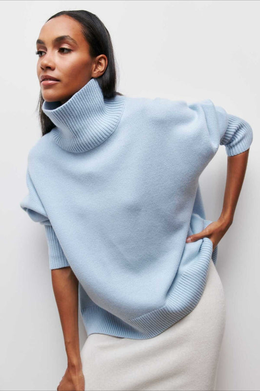 Asymmetric Cape Sleeve Turtleneck Knit Sweater