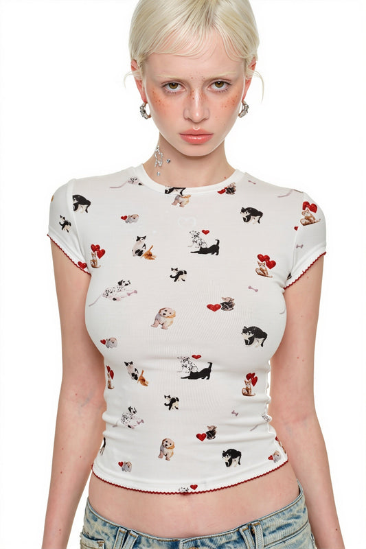 Cat Dog Print Stretchy Slim T-shirt